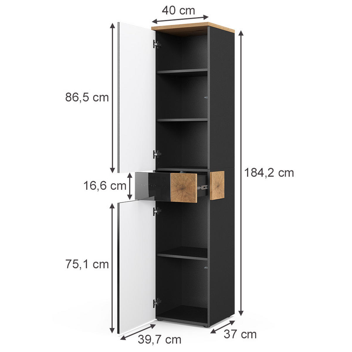 BADSCHRANK Eden Anthrazit 40 x 184.2 cm - Anthrazit/Eiche Artisan, Holzwerkstoff (40/184.2/37cm) - Vicco