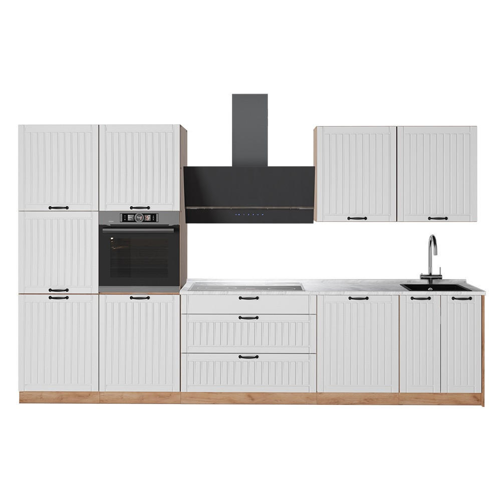 KÖK Fame-Line, Vitt hus på landet/Goldkraft ek, 340 cm AP Marble - Vit/Honungsek, Träbaserade material (340/206.8/60cm) - Vicco