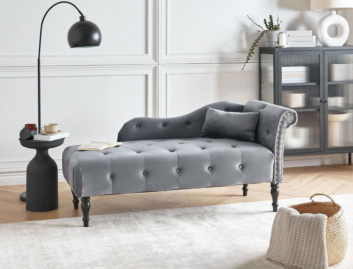 ČALOUNĚNÉ LEHÁTKO CHAISE LONGUE PRAVOSTRANNÉ Sametová látka Šedé Ivry - černá/tmavě šedá, textil (152/72/62cm) - Beliani