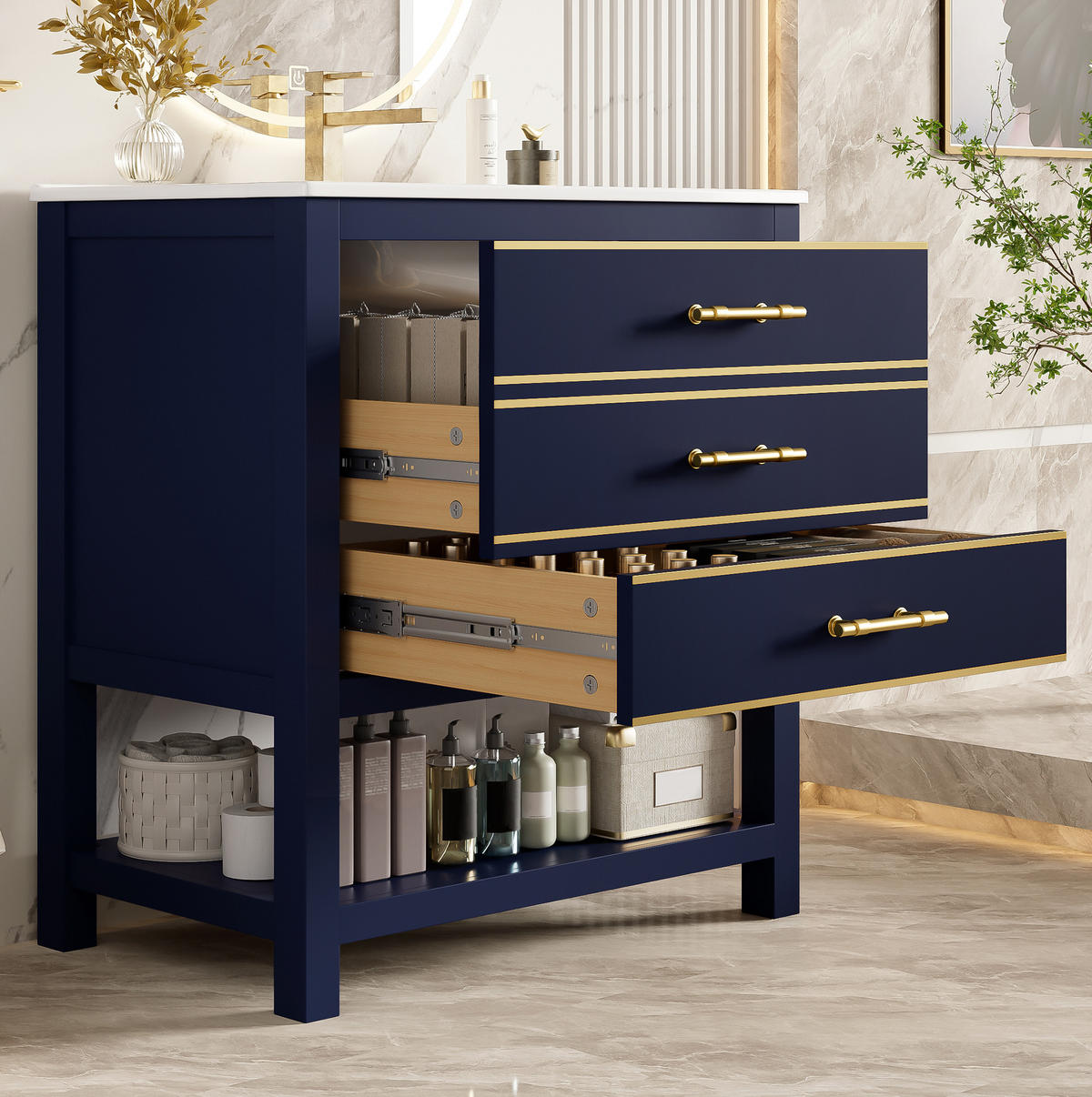 WASCHTISCHKOMBI 76/46/86 cm schwarzblau aus MDF mit Keramikbecken und 2 Schubladen - Blau, Holzwerkstoff (76/86/46.5cm) - OKWISH