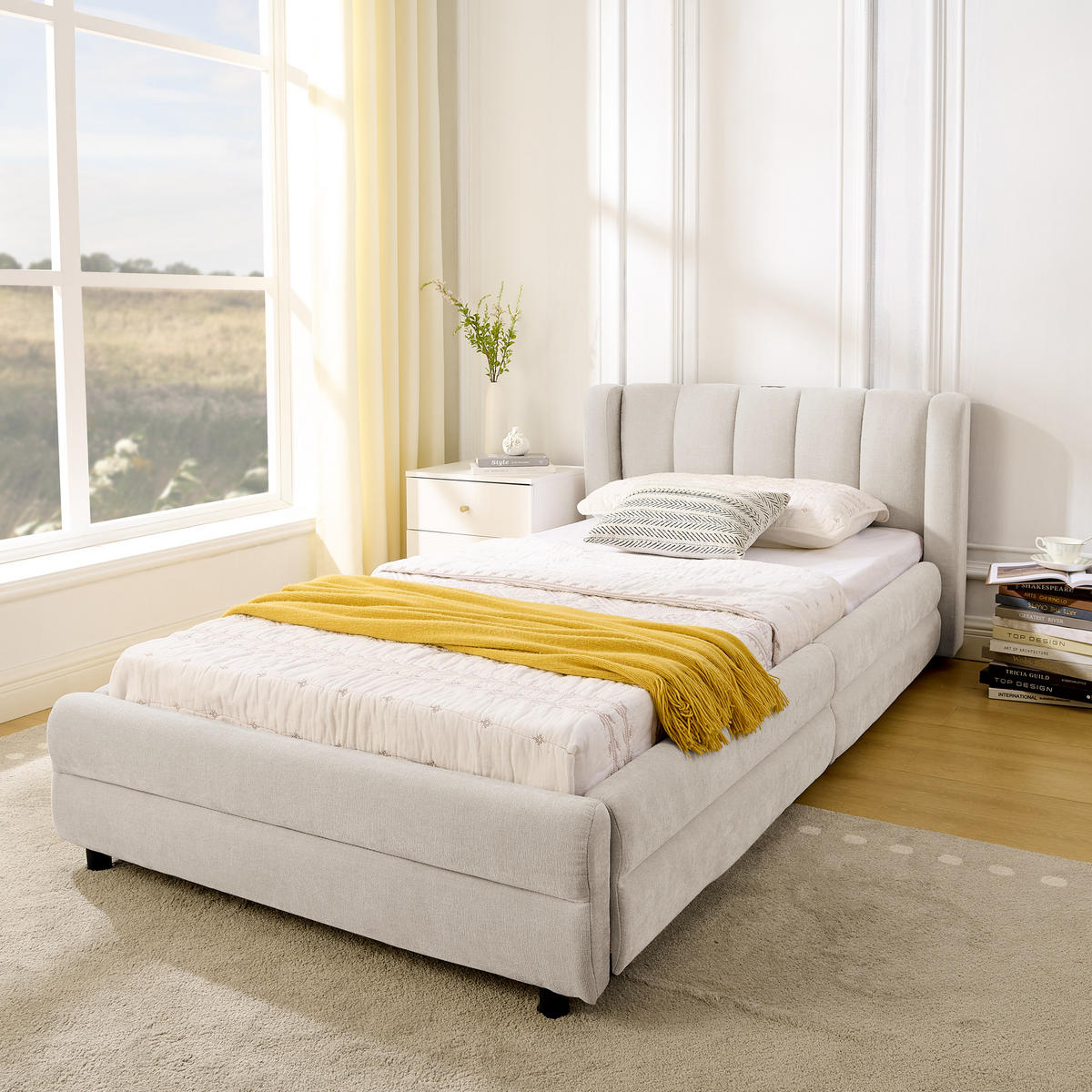 EINZELBETT 90x200 cm USB Stauraum beige - Beige, Textil (90/200cm) - LEBENLANG