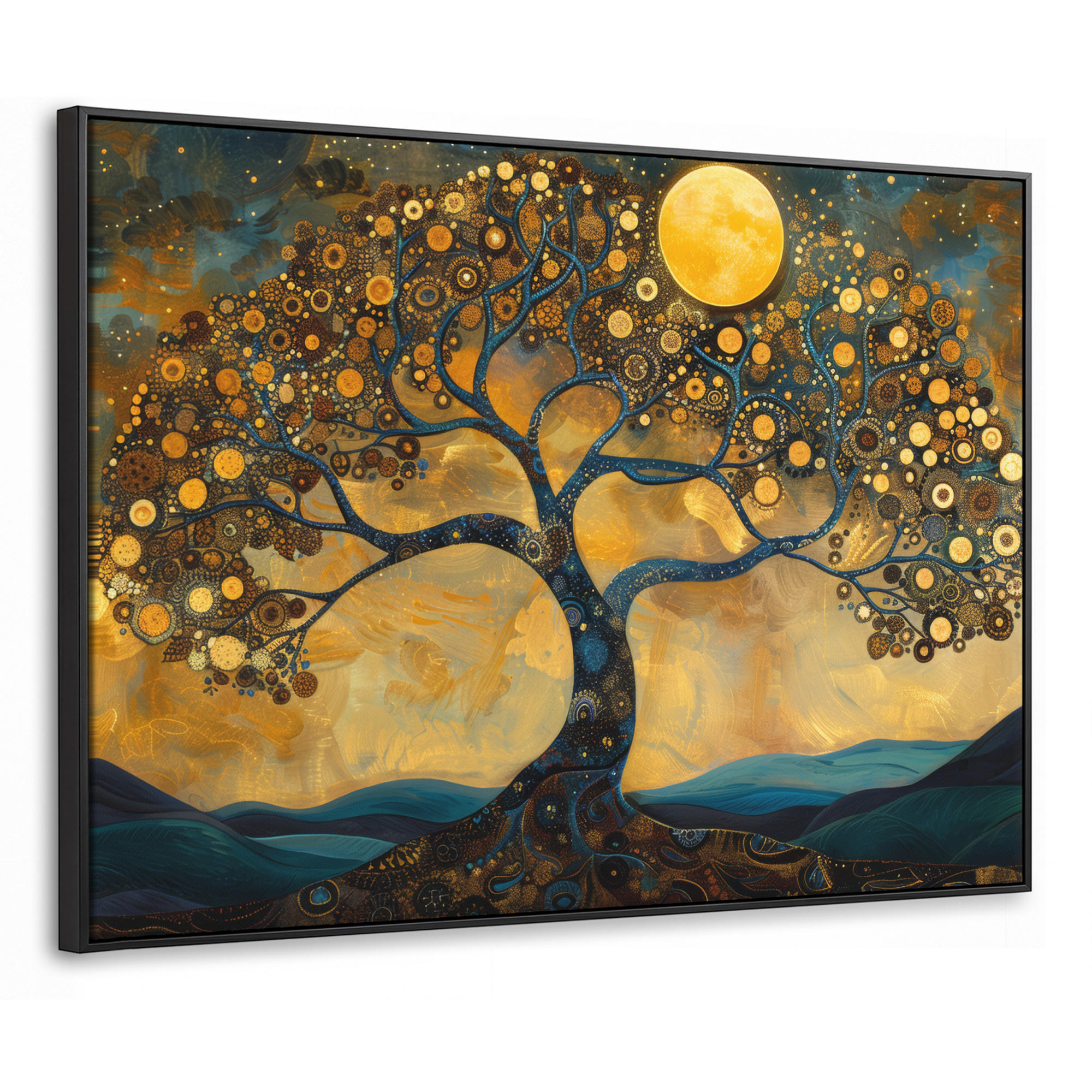 LEINWAND Bilder mit Rahmen - Baum - Mond - Blumen - Gold - Kunst - 70x50 - Orange, Textil (70/50cm) - MuchoWow