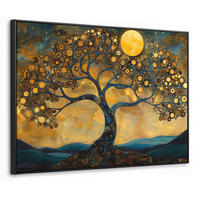 LEINWAND Bilder mit Rahmen - Baum - Mond - Blumen - Gold - Kunst - 80x60 - Orange, Textil (80/60cm) - MuchoWow