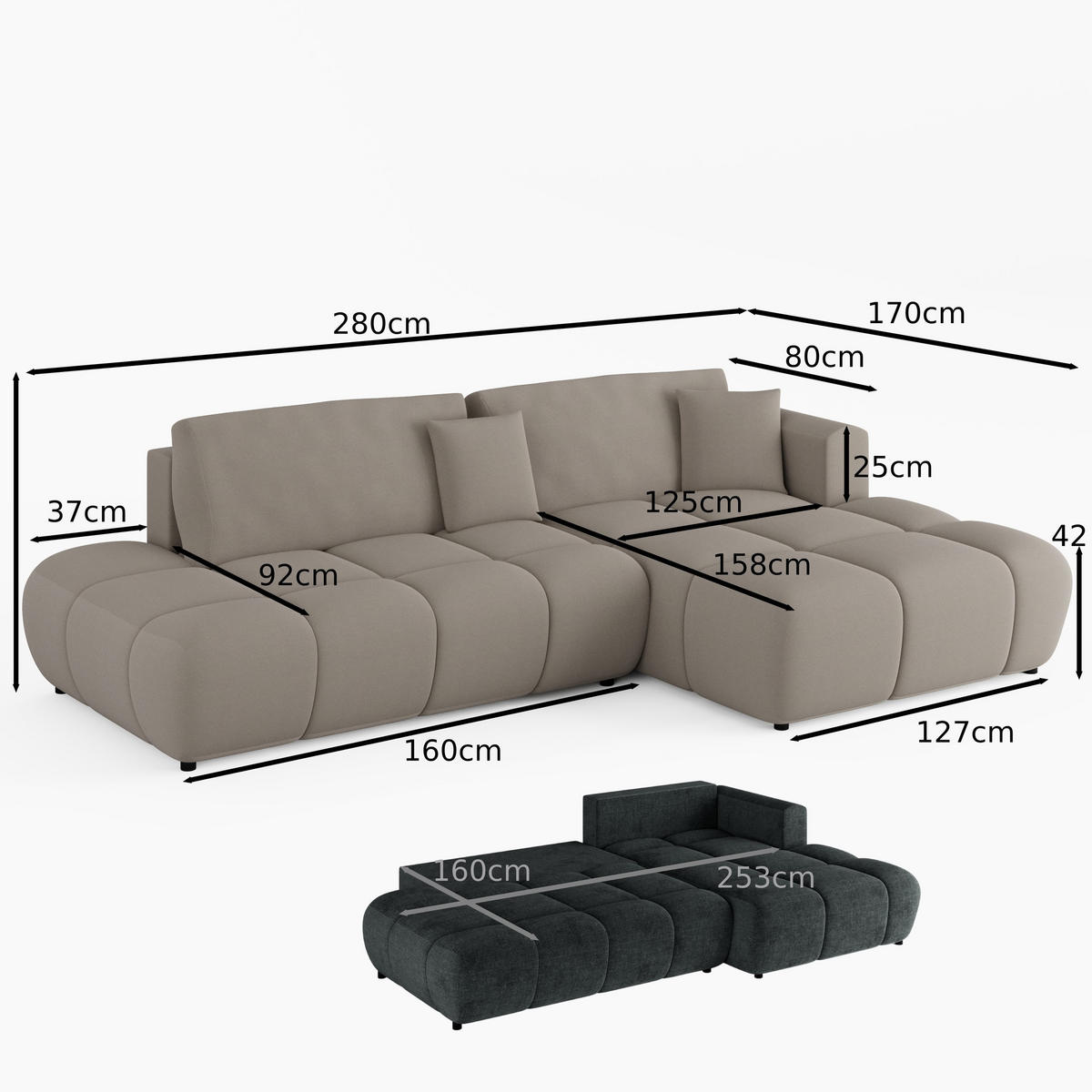 ECKSOFA BARI Links Schwarz Chenille-Stoff L-Form Couch mit Schlaffunktion & Bettkasten - Schwarz, Holz (170/280cm) - Barchello
