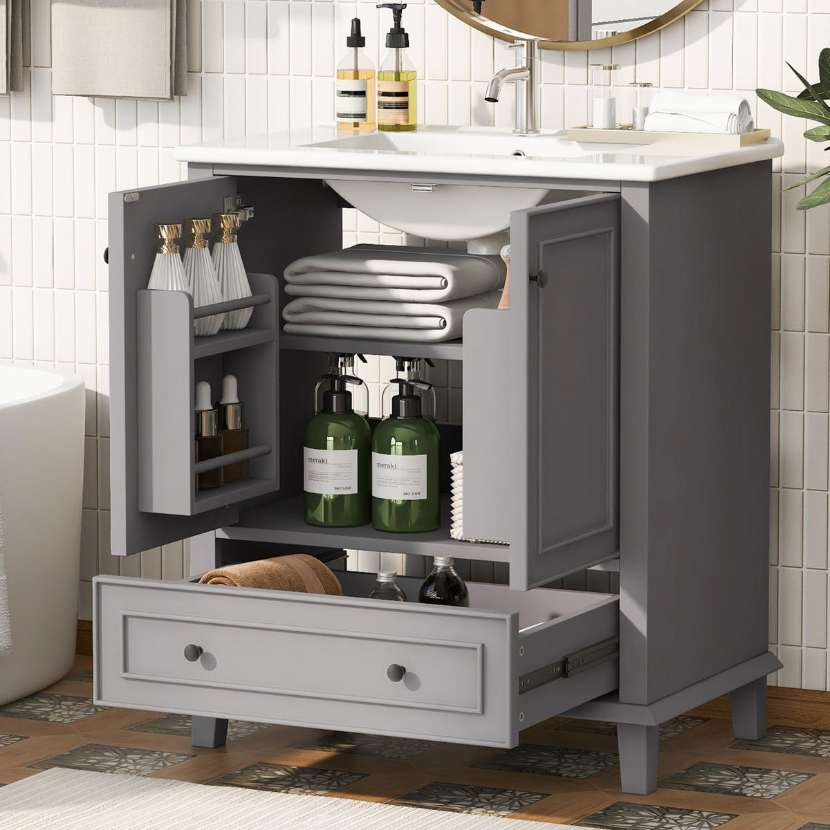 WASCHTISCHKOMBI 76/46/87 cm Grau aus Keramik und MDF mit Stauraum - Grau, Holzwerkstoff (76/87/46cm) - OKMYHOME