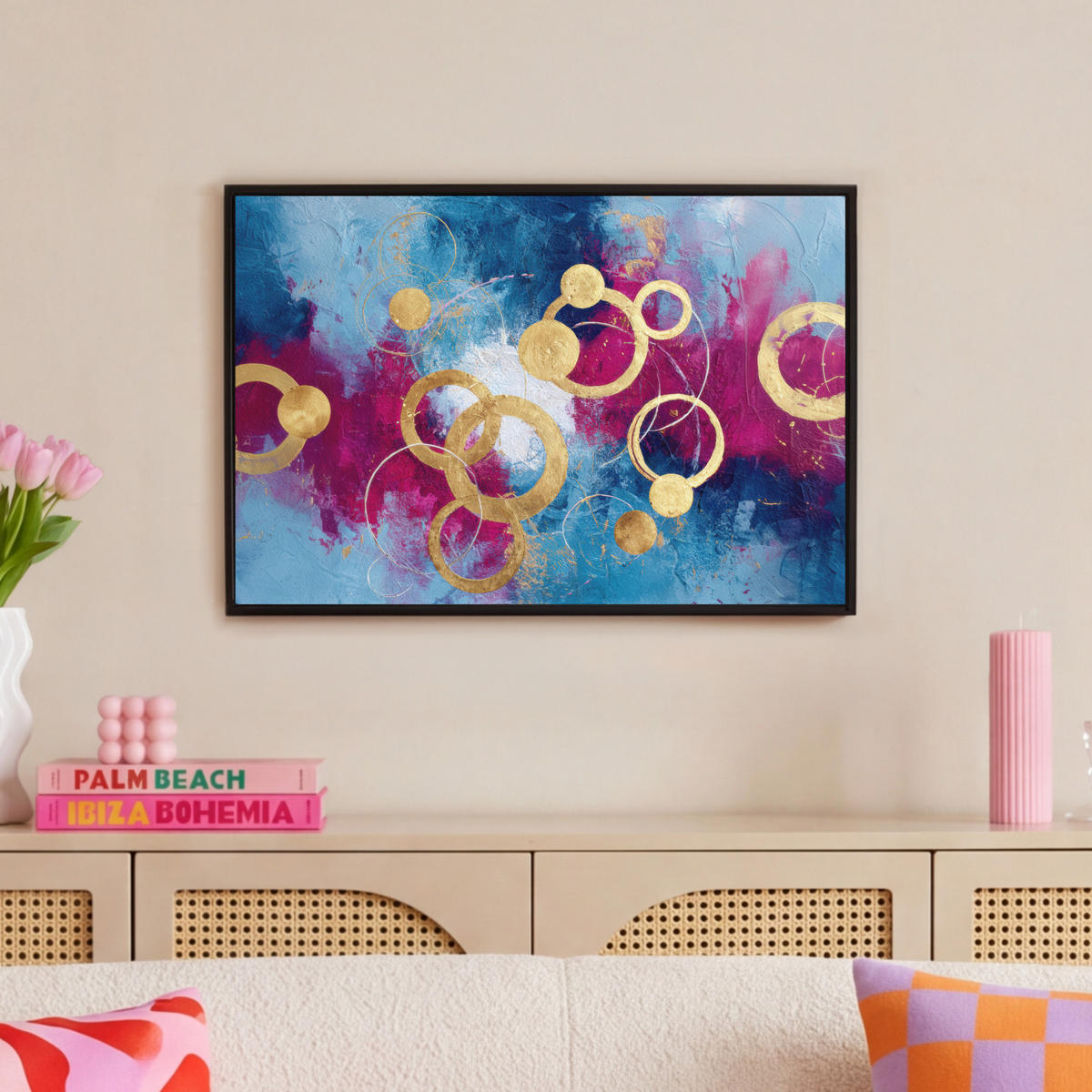 LEINWAND Bilder mit Rahmen - Kreise - Gold - Abstrakt - 60x40 - Blau, Textil (60/40cm) - MuchoWow