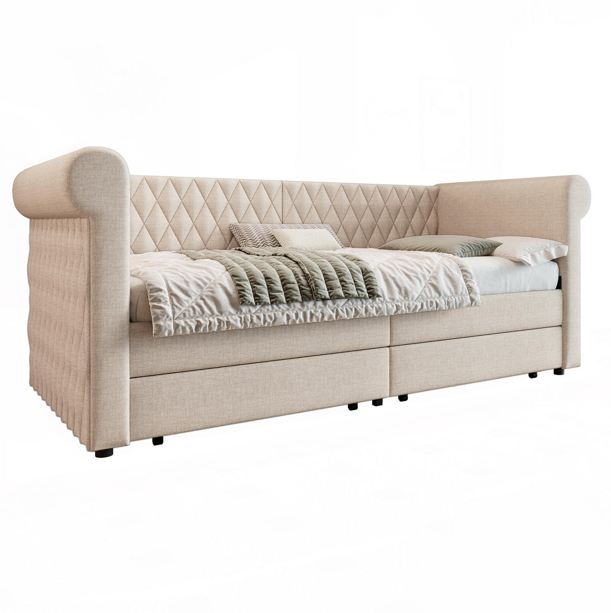 ČALÚNENÁ posteľ 90/200 cm béžová s 2 zásuvkami z ľanovej tkaniny - béžová, textil (90/200cm) - OKWISH