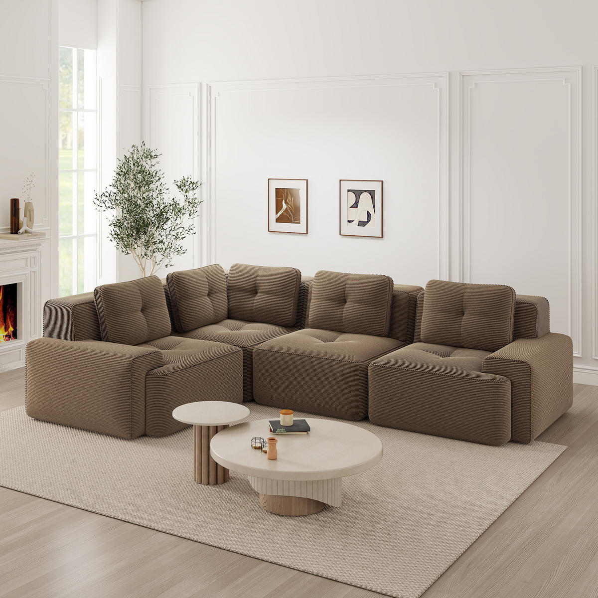ECKSOFA Cord Braun Modulares Design und Rutschfester Standfuß - Braun, Textil (382/177cm) - WISHDOR
