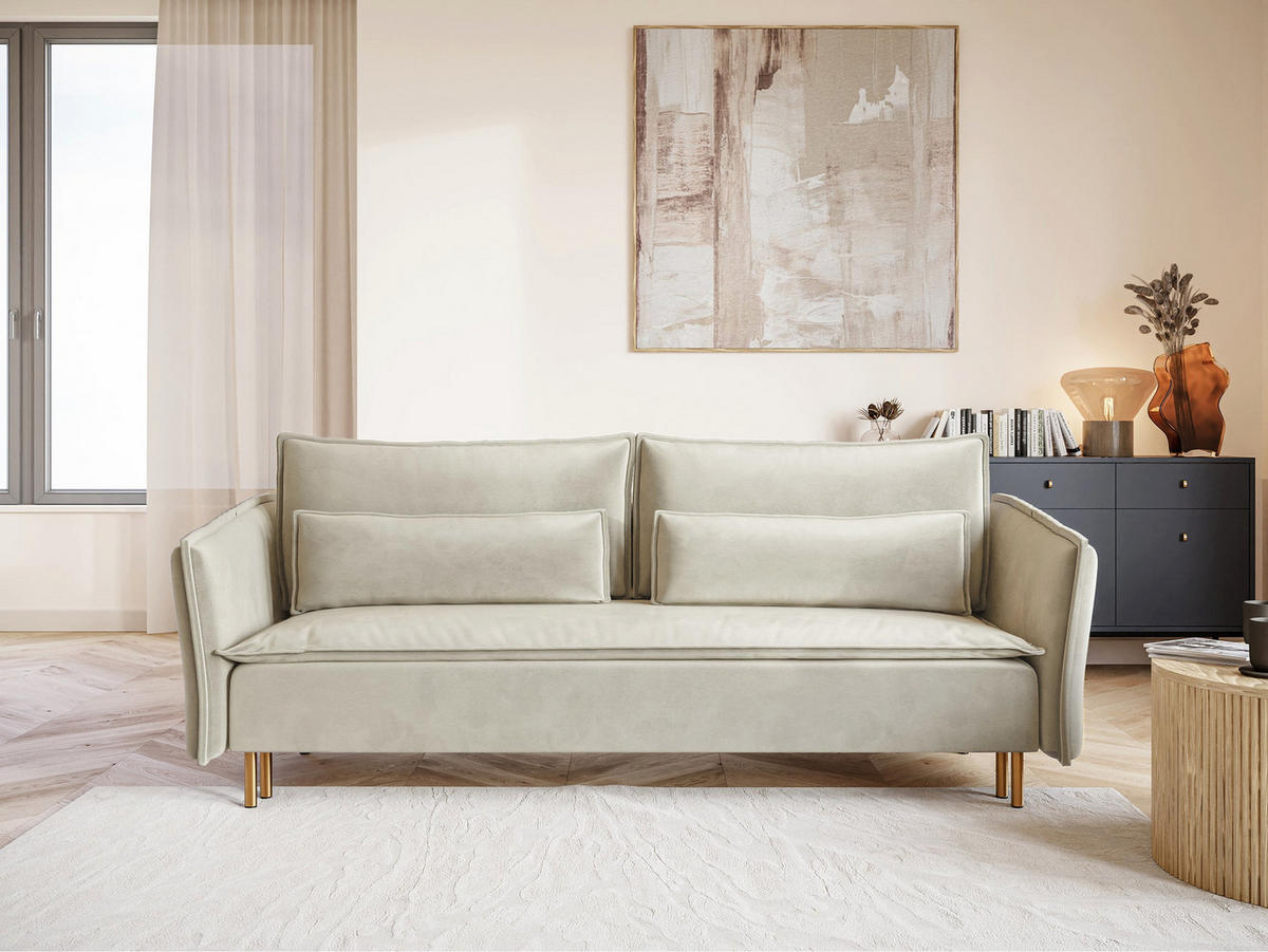 SCHLAFSOFA Ummo Graubeige Velours - Greige/Goldfarben, Textil/Metall (230/88/90cm) - Selsey