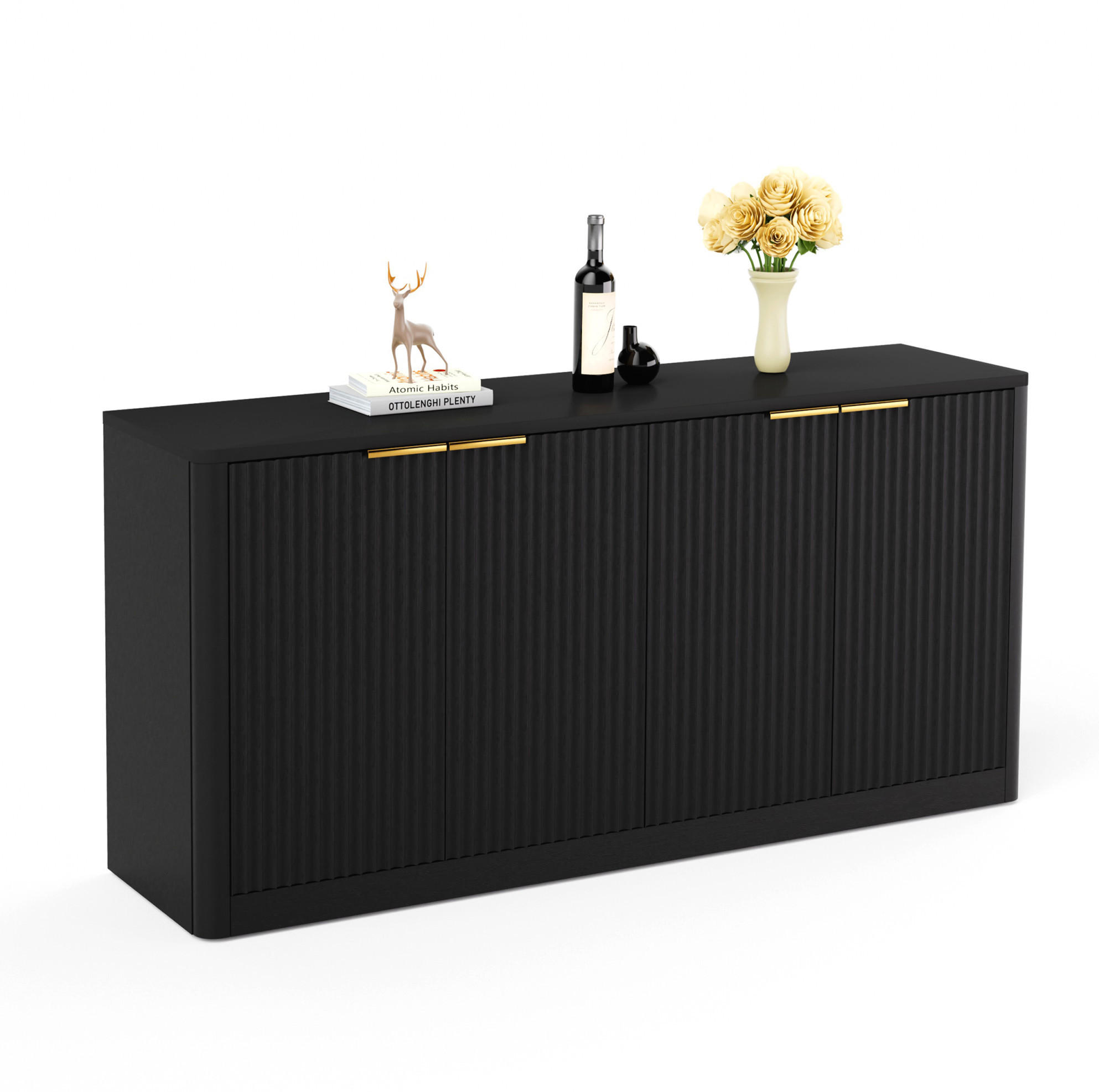 OKWISH BOČNÍ skříň 150/40/70,5 cm černá z MDF s vlnitým čelním designem a úložným prostorem
