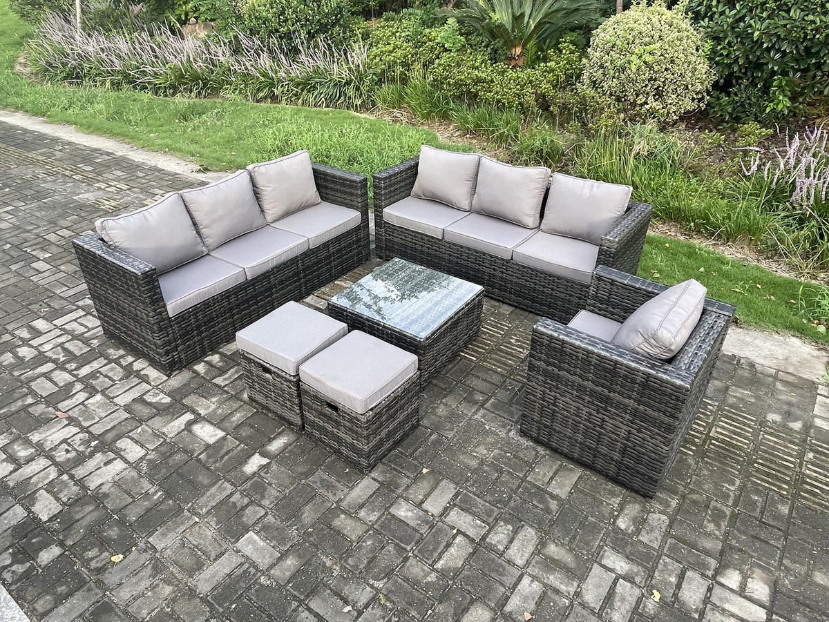 GARTENTISCHGRUPPE Polyrattan 9-Sitzer - Dunkelgrau, Metall - Fimous