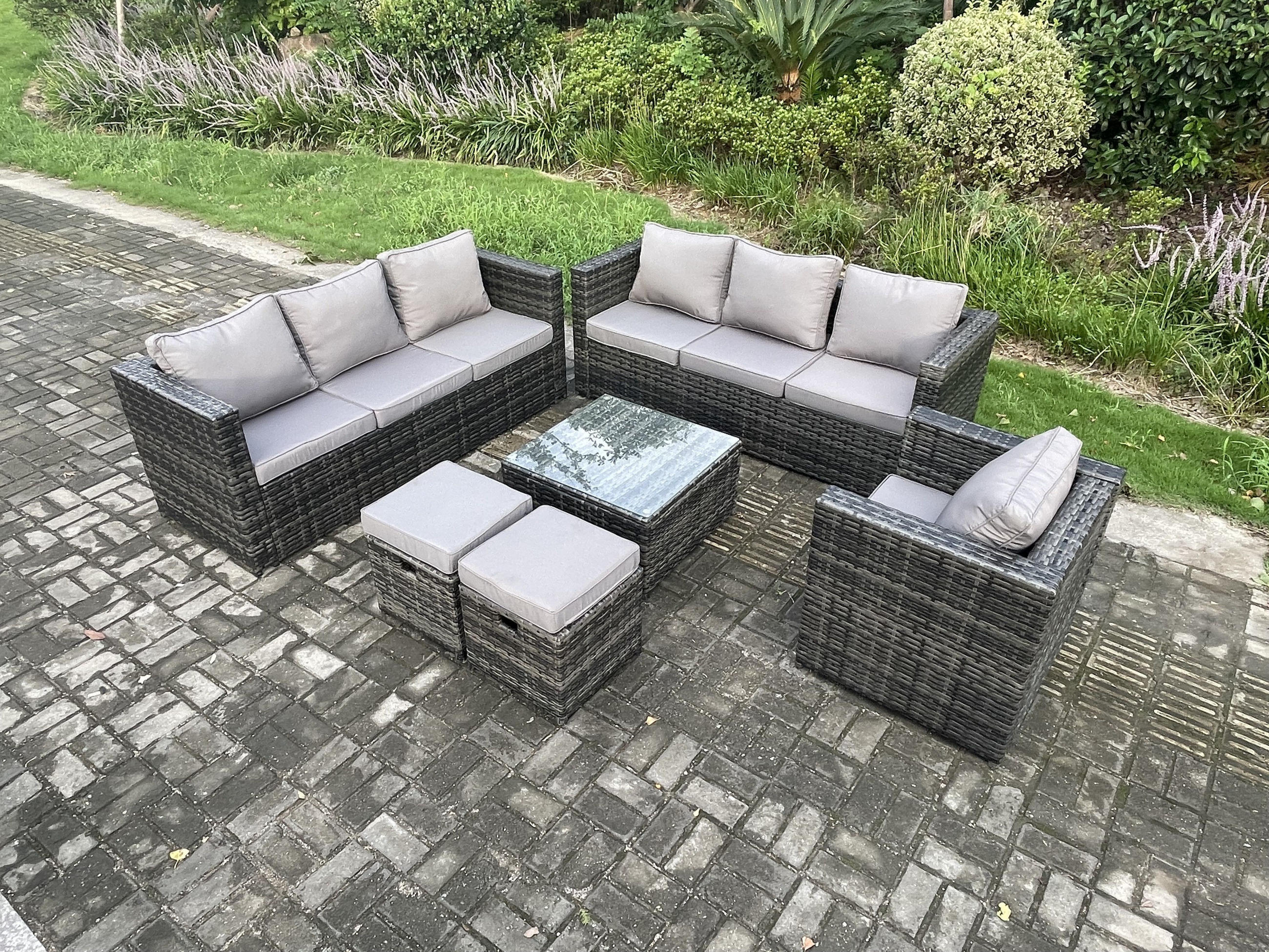 Thumbnail - Fimous Gartentischgruppe, Dunkelgrau, Metall, 9-Sitzer, Loungemöbel, Loungemöbel-Sets