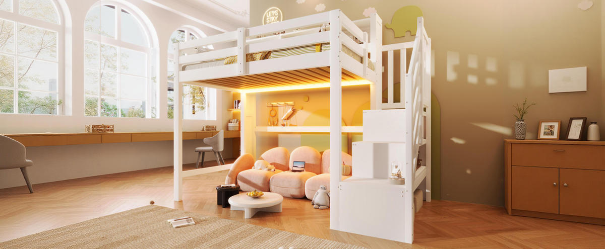 HOCHBETT 90/200 cm mit LED-Beleuchtung, Stauraumtreppe und offenem Staufach, Weiß - Weiß, Holz (90/200cm) - Redom