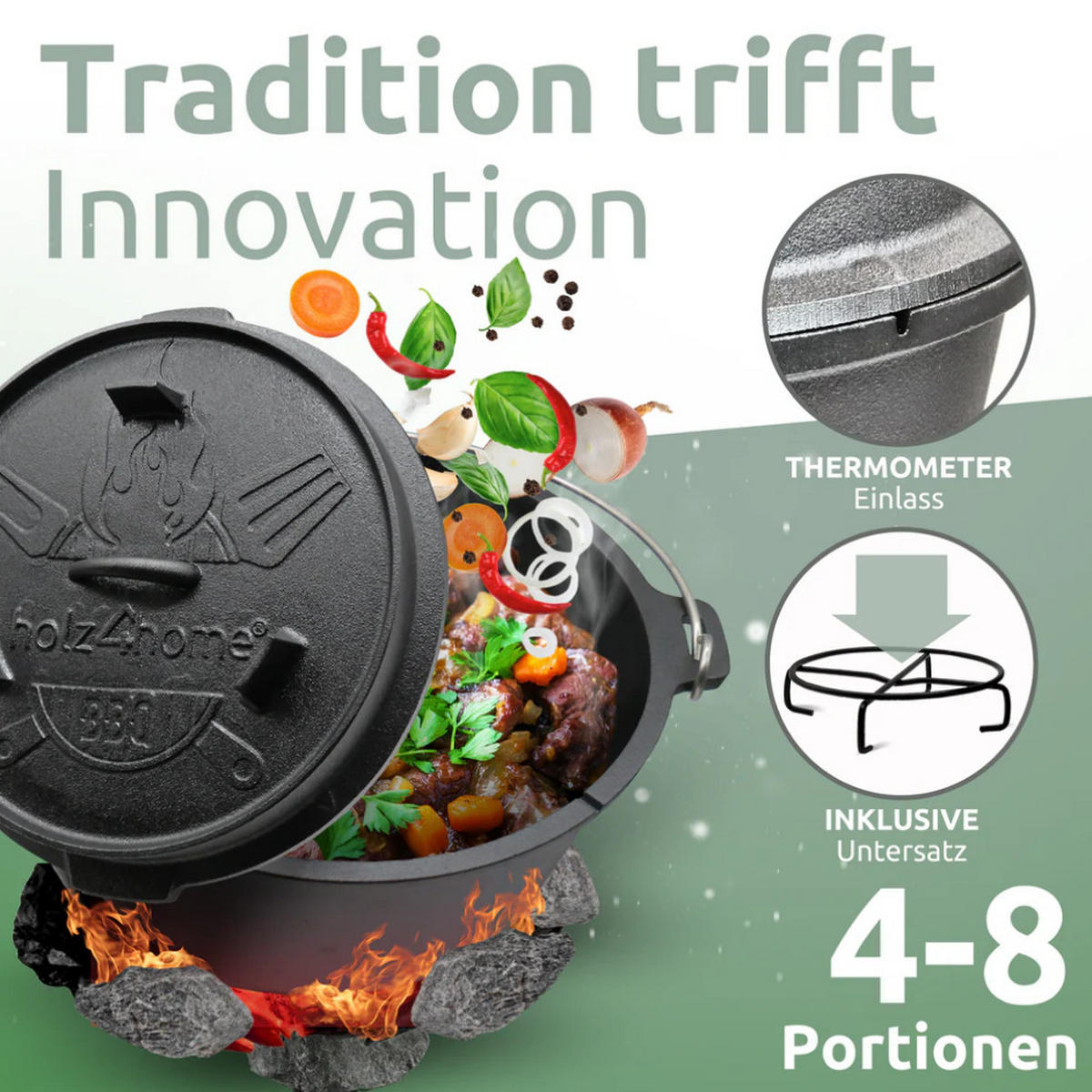 DUTCH OVEN 9 Liter Gusseisen EDOS mit Zubehör - Schwarz, Metall (31/13/31cm) - DELUKE
