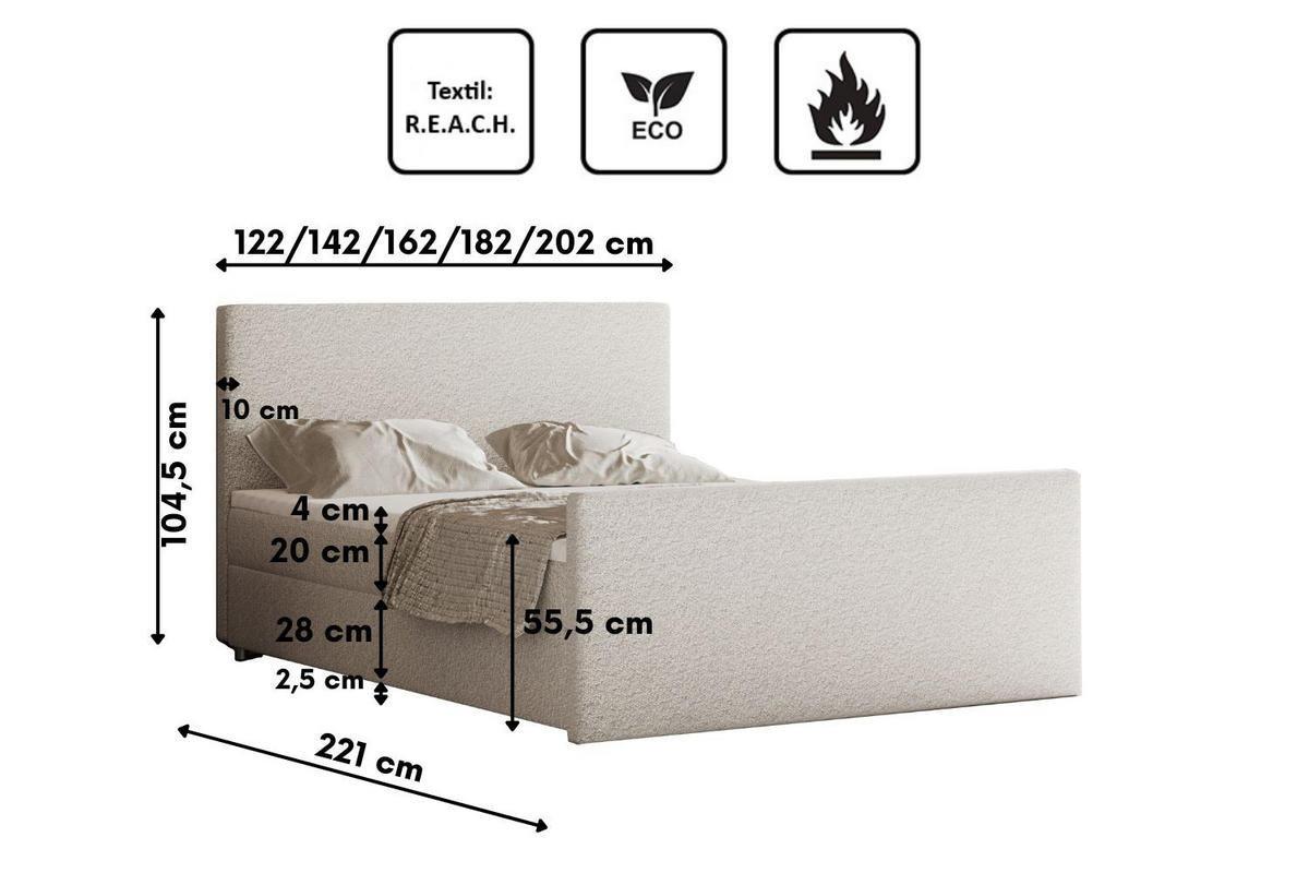BOXBETT mit Bettkasten Matratze Topper LAGUNE Stoff Loop Perle 200x200 cm H2-Pocket - Champagner, Holz/Holzwerkstoff (200/200cm) - Kaiser Möbel