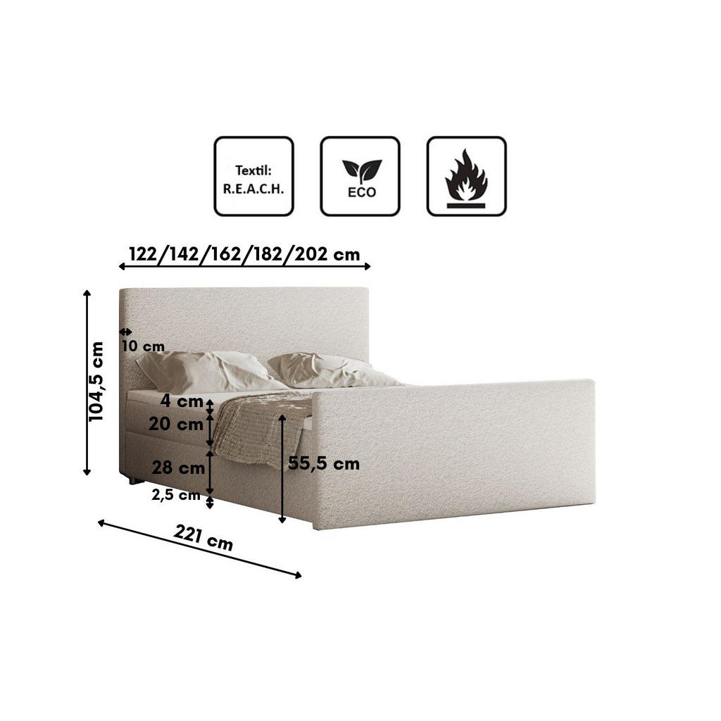Thumbnail - Kaiser Möbel Boxbett, Champagner, Textil, H3, Höhe ca. 20 cm, einmalig seitenverkehrt montierbar,Rechteckig, 120x200 cm,...
