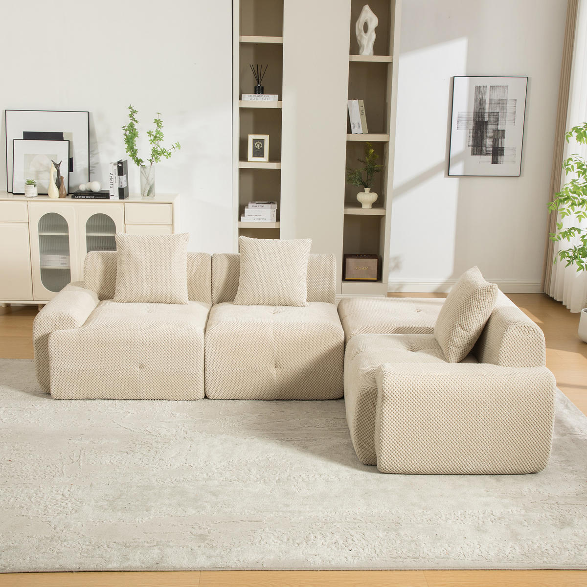 ECKSOFA Chenille Hellkhaki mit Kissen - Hellbraun, Textil (266/176cm) - WISHDOR