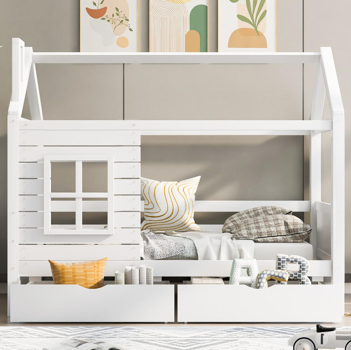 KINDERBETT 90/200 cm mit Rausfallschutz, Fensterdesign, Lattenrost und 2 Bettkästen, Weiß - Weiß, Holzwerkstoff (90/200cm) - Redom