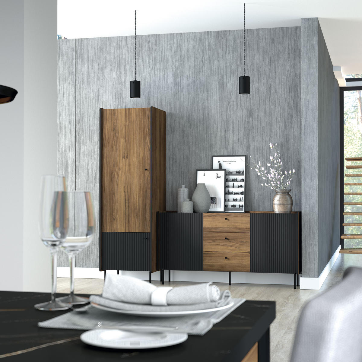 KOMMODE Prestigo Schwarz, Warmia Walnuss, Zweitürige Kommode mit Schubladen - Walnussfarben/Schwarz, Holzwerkstoff (150/78/40cm) - Bettso