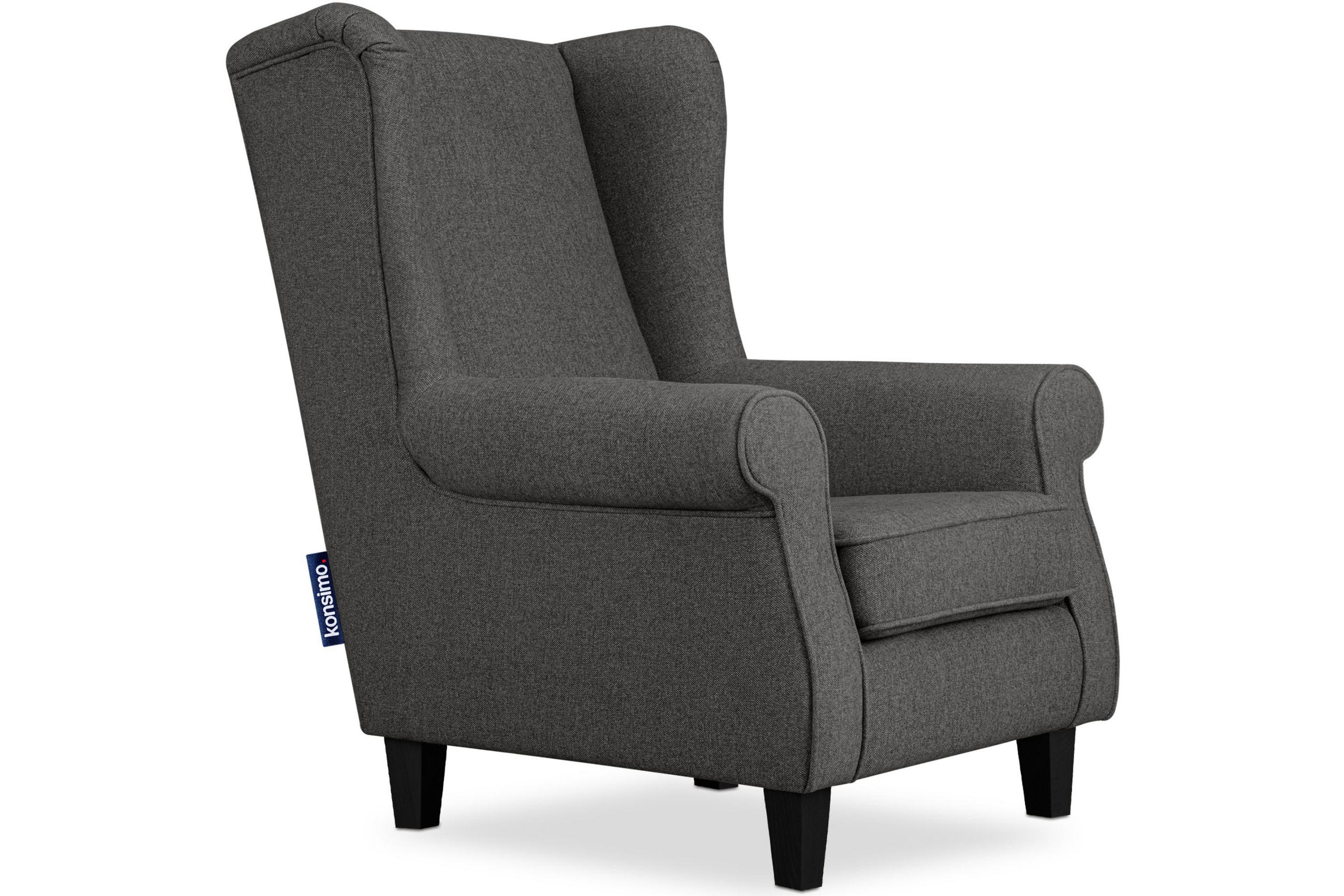 OHRENSESSEL MILES Massivholzbeine schwarz, grau - Grau, Holzwerkstoff/Buchenholz (82/105/97cm) - KONSIMO®