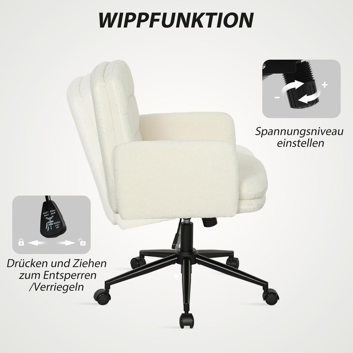 SCHREIBTISCHSTUHL höhenverstellbar Homeoffice Stuhl mit Bouclé-Optik, Cremeweiß - Creme/Schwarz, Textil/Metall (61.5/101/65cm) - HOMCOM