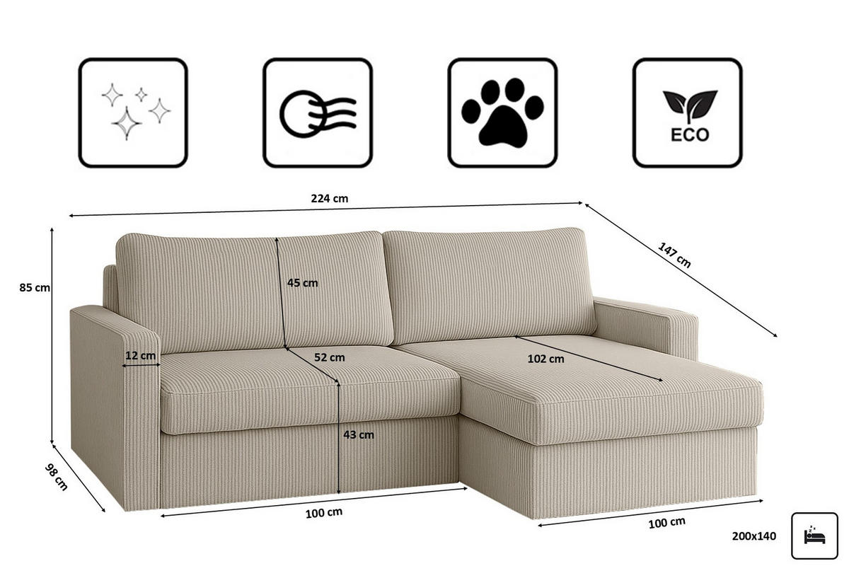 ECKSOFA Mit Schlaffunktion Und Bettzeugablage LUBEKA Stoff Poso Beige Rechts - Beige, Holz/Textil (224/147cm) - Kaiser Möbel
