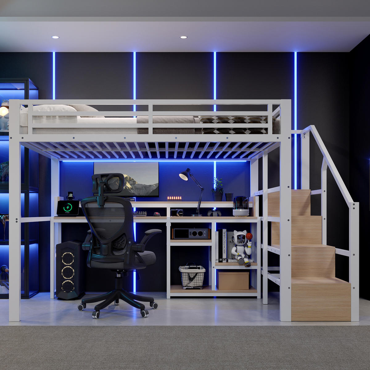 HOCHBETT 140x200 cm in Weiß mit Leiterschrank, LED-Leiste und USB-C-Anschluss - Weiß, Holzwerkstoff (140/200cm) - IVMEU