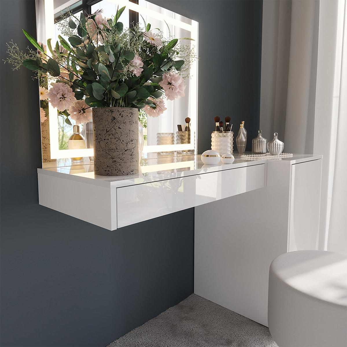 SCHMINKTISCH Sherry Weiß/Weiß Hochglanz 120 cm 4 Teile - Weiß Hochglanz, Holzwerkstoff (120/76/50.1cm) - Vicco