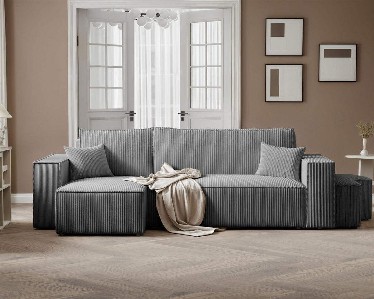 ECKSOFA Adara Inkl. Hocker - Grau, Holzwerkstoff/Textil (262/145cm) - Fun Möbel