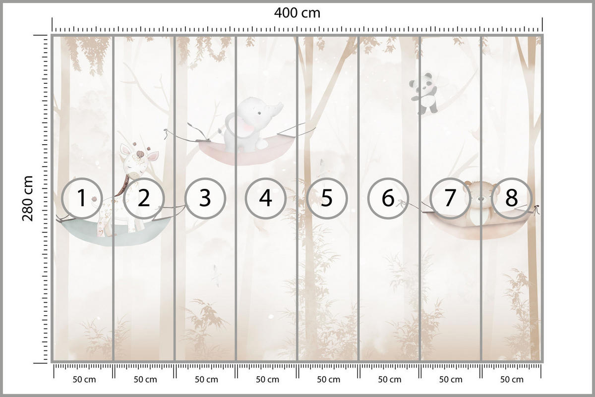 FOTOTAPETE für Kinderzimmer Tiere Hängematten WALD Elefant Giraffe 400x280 - Beige/Schwarz, Papier (400/280cm) - Muralo