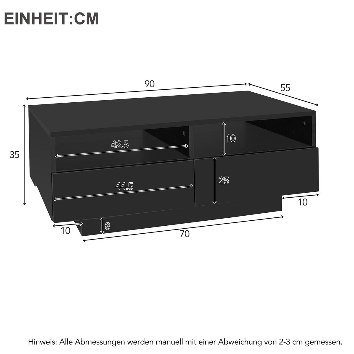 COUCHTISCH 90/55/35 cm schwarz mit 4 Schubladen und LED-Beleuchtung - Schwarz, Holzwerkstoff (90/55/35cm) - OKWISH