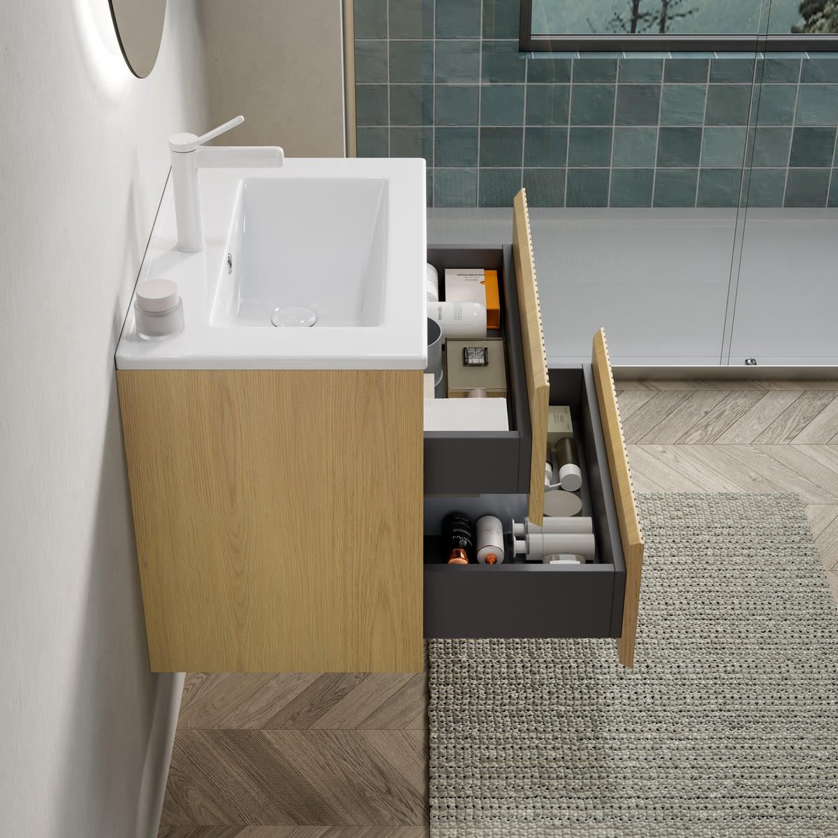 BADEZIMMERSCHRANK 61x39x51.5 cm Golden Oak & Weiß aus Keramik & Sperrholz mit 2 Schubladen - Eichefarben, Keramik (61/51.5/39cm) - Modfu