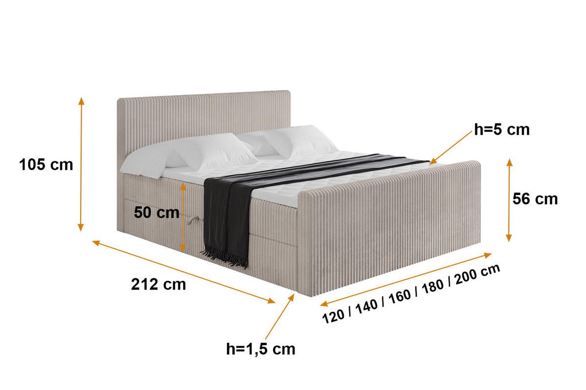 BOXBETT mit Matratze H3 und Lattenrost - TOLO-Z - 120x200 Cord - Aschgrau - Alufarben, Holzwerkstoff (120/200cm) - ALTDECOR