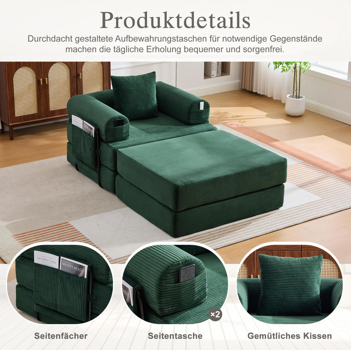 MODULSESSEL 112/190/67 cm mit Hocker, Seitentasche und Kissen aus Cord mit Metallrahmen, Emerald - Smaragdgrün, Textil (190/67/112cm) - Redom