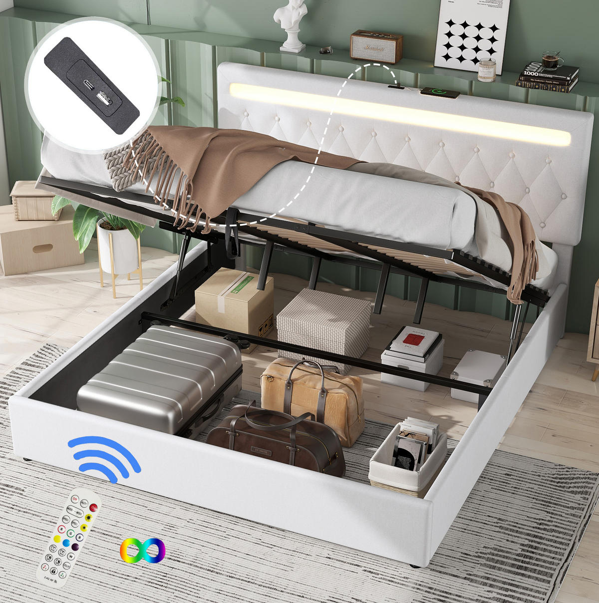 POLSTERBETT 180/200 cm mit Bettkasten, USB und LED-Beleuchtung in Weiß - Weiß, Textil (180/200cm) - BEAOK