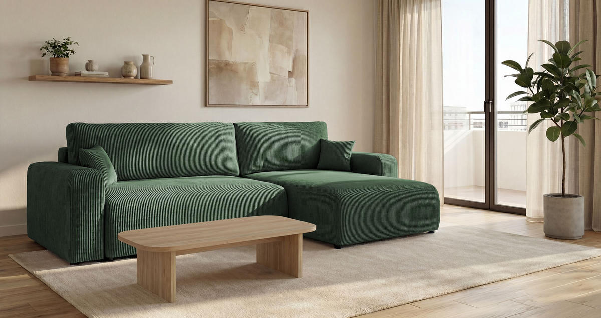ROHOVÁ pohovka BERLIN pravá zelená manšestr Poso 14 - funkce spaní, úložný prostor - zelená barva, textil (285/184cm) - Cornero