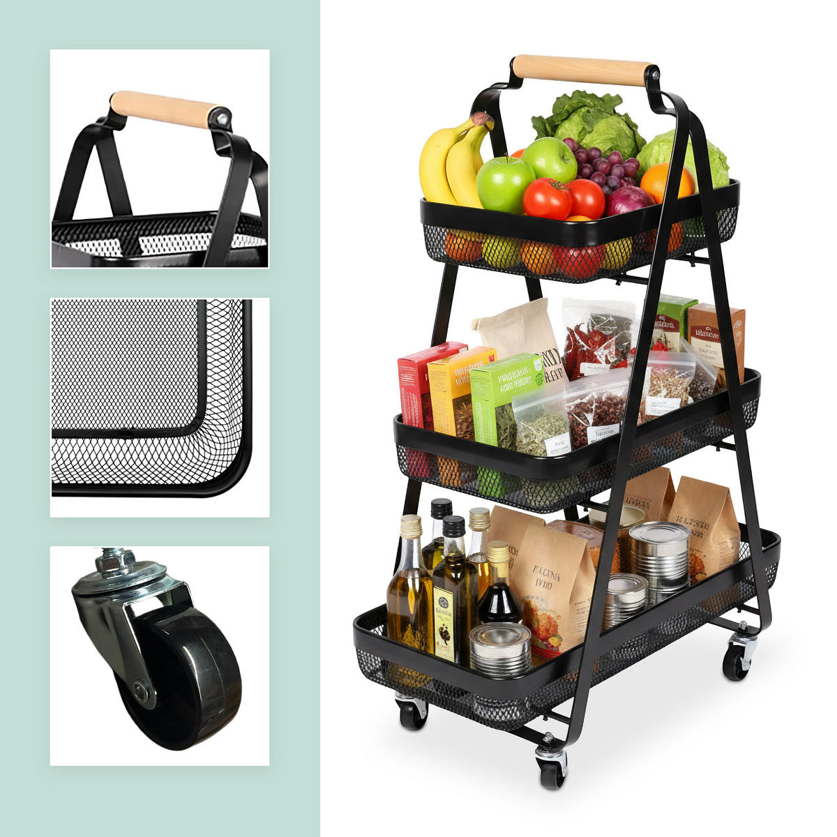 ROLLWAGEN - Schwarz, Holz/Metall (57/84.5/31cm) - Relaxdays