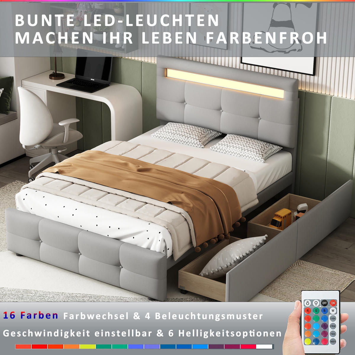 POLSTERBETT mit LED und 2 Schubladen 90x200 cm Grau - Grau, Holzwerkstoff (90/200cm) - Beauniv