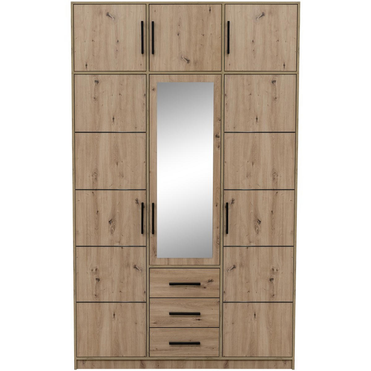 DREHTÜRENSCHRANK Kavo mit Aufsatz, Spiegel und 3 Türen, eiche Sonoma - Schwarz/Sonoma Eiche, Holzwerkstoff (150/245/58cm) - Beautysofa