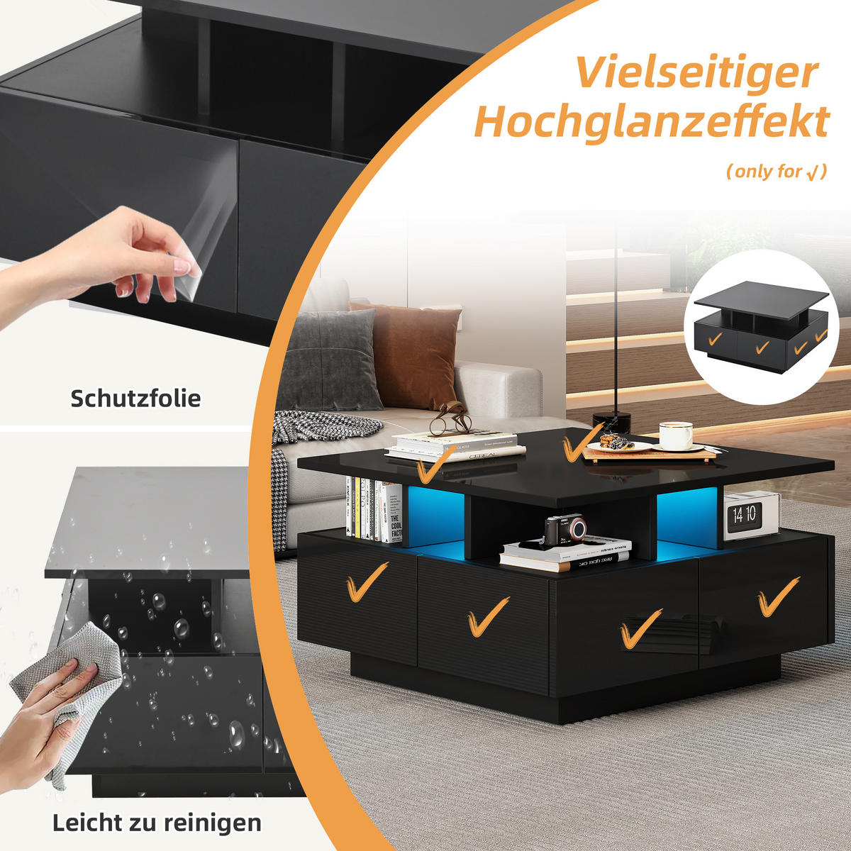 COUCHTISCH 70/70/40 cm schwarz mit 4 Schubladen und LED-Beleuchtung - Schwarz, Holzwerkstoff (70/70/40cm) - OKWISH
