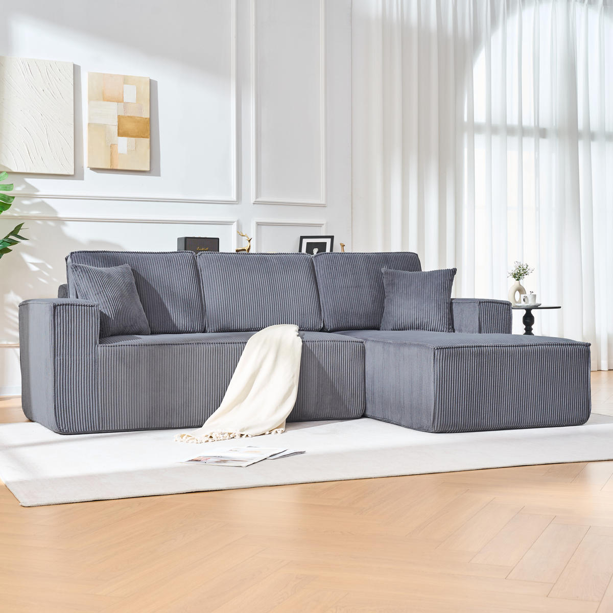 ECKSOFA 235/128/80 cm Grau Cord mit Rechts Chaise - Grau, Textil (235/128cm) - Oxeza