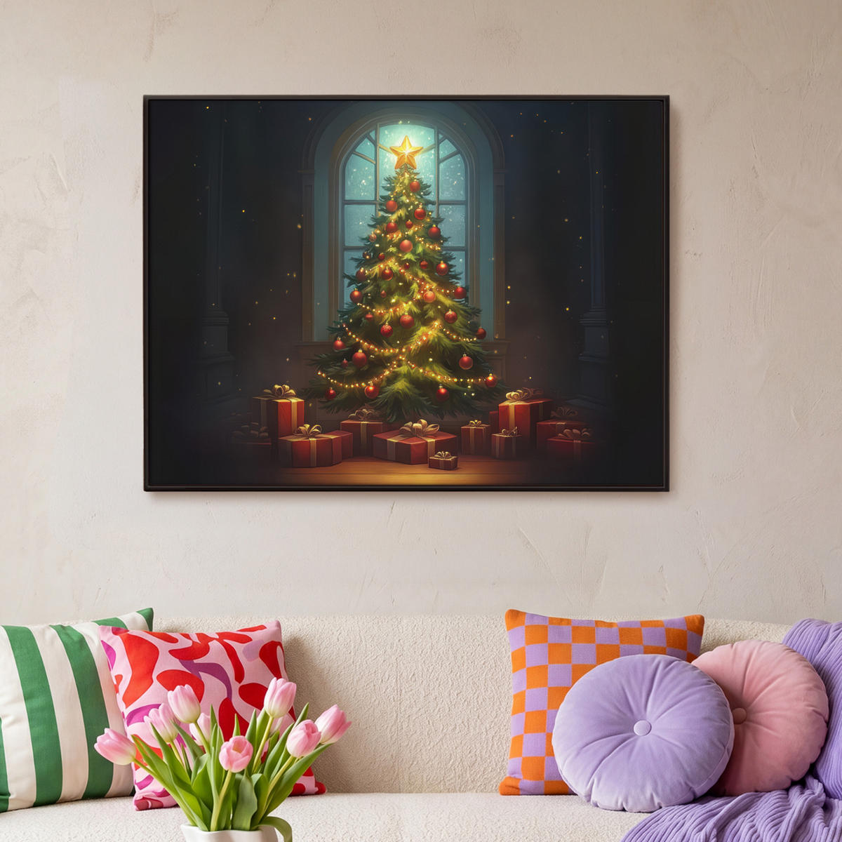LEINWAND Bilder mit Rahmen - Weihnachtsbaum - Geschenk - Winter - 100x70 - Grün, Textil (100/70cm) - MuchoWow