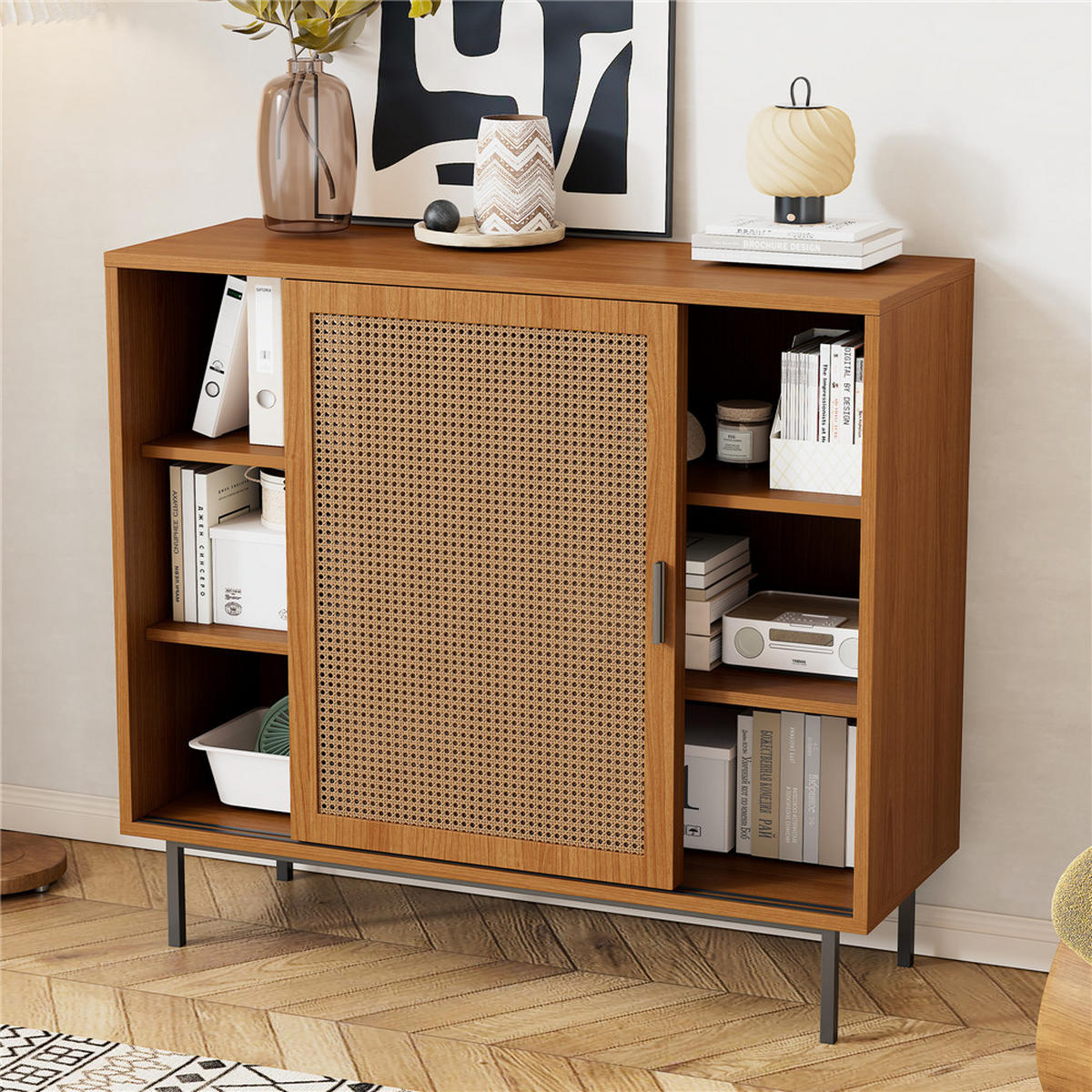 SIDEBOARD 100x90x37 cm Küchenschrank Schiebetüren - Naturfarben, Holz (100/90/37cm) - Kaket