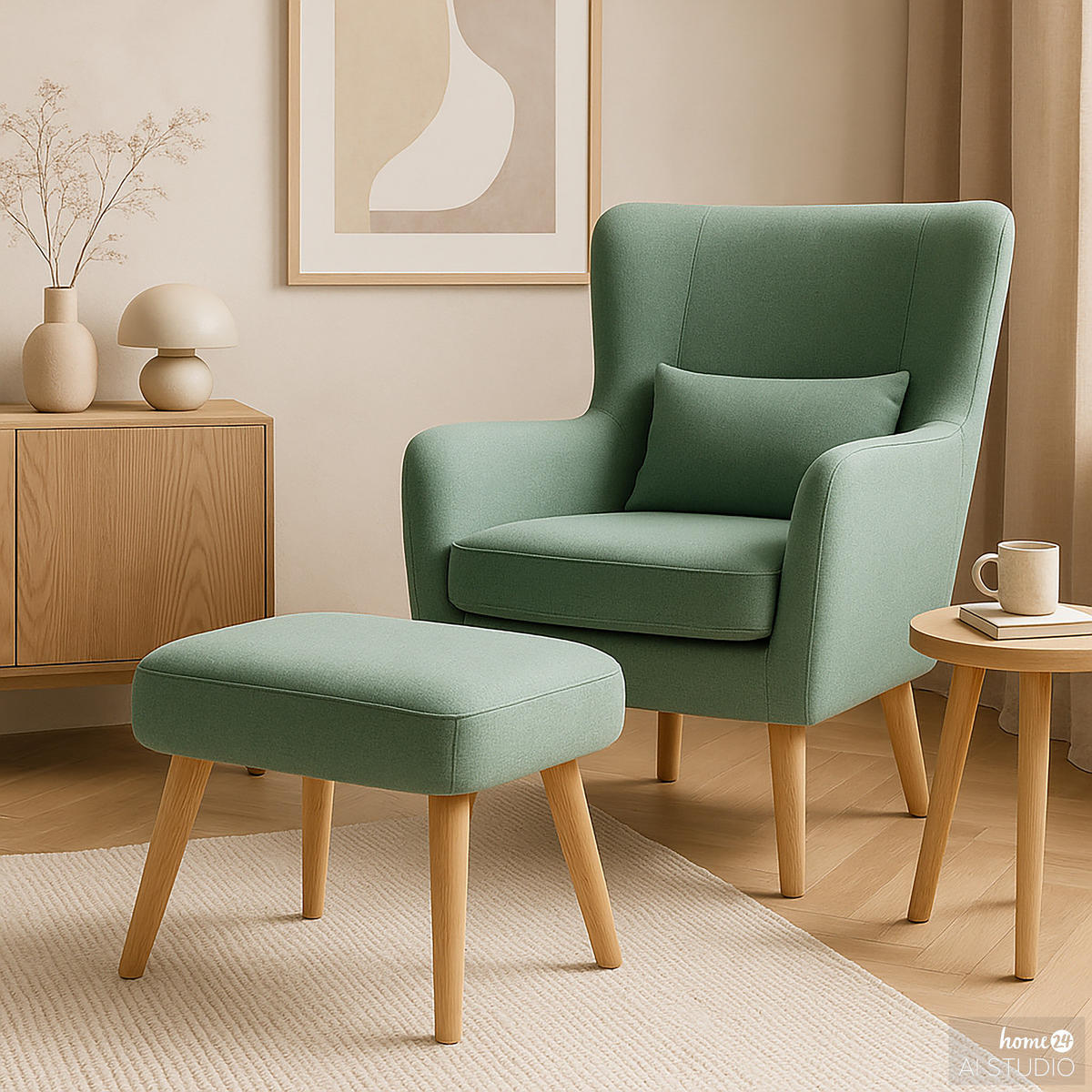 SESSEL mit Hocker - Mintgrün, Holz/Birkenholz (75/96/78cm) - home24