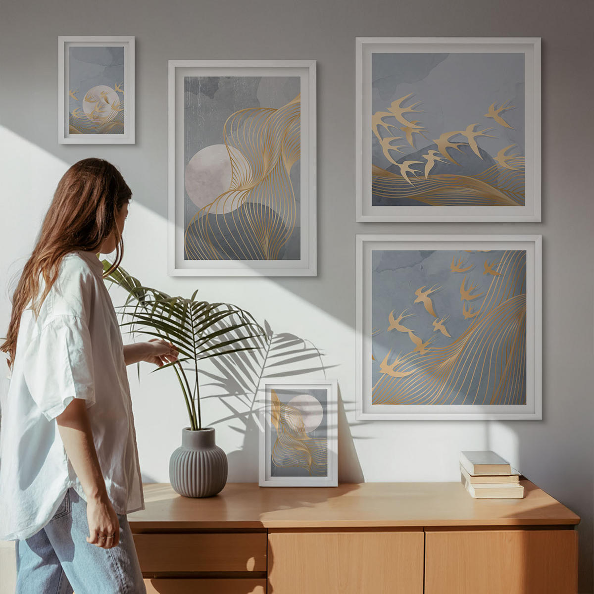 BILDER SET 5er Set - 50x50 cm & 20x30 cm & 40x60 cm Weißer Rahmen - Abstrakte Wellenkreise, grau - Weiß, Kunststoff (40/60cm) - TULUP