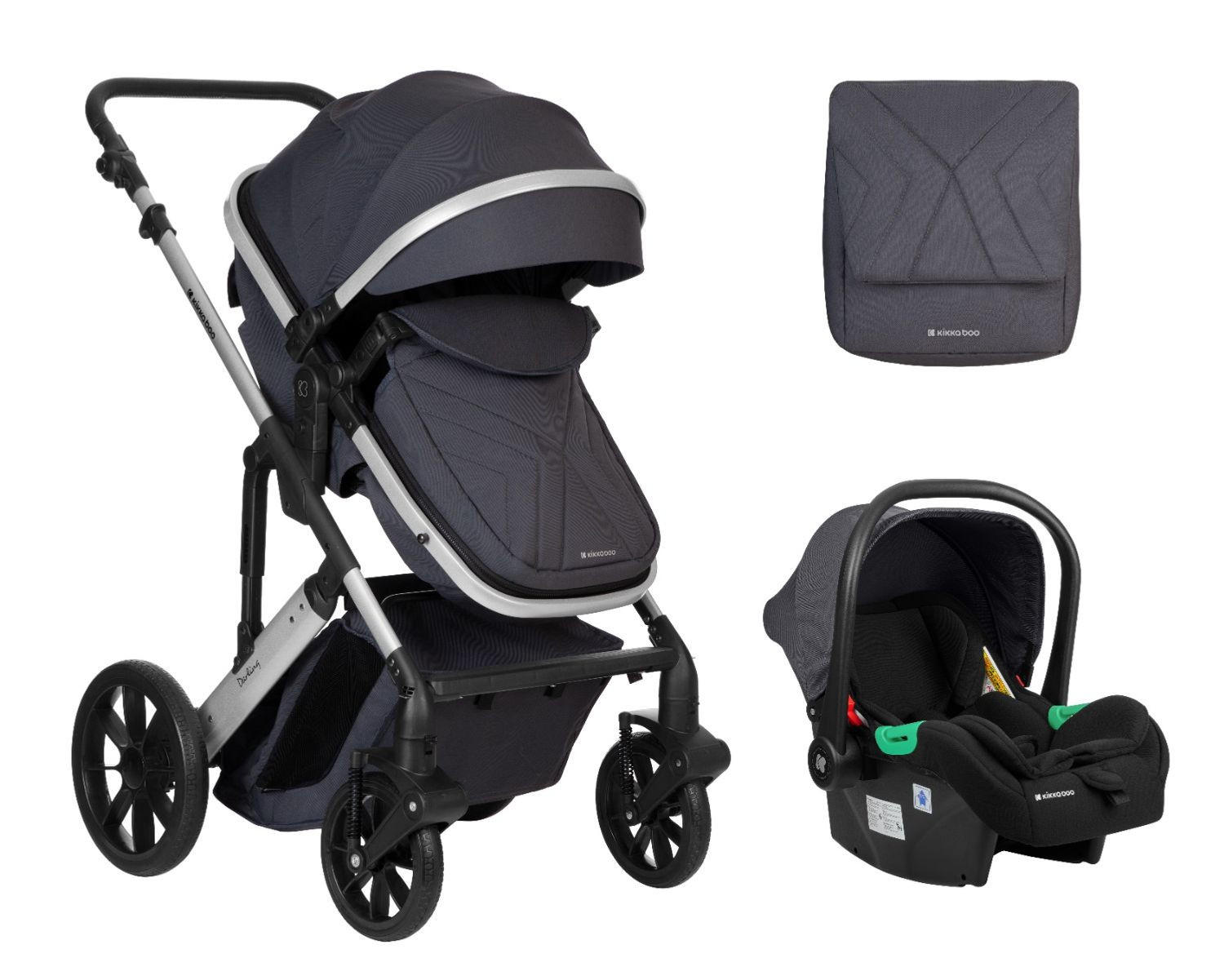 KOMBIKINDERWAGEN Darling 3 in 1 grau gemustert Sportsitz Tragetasche Autositz Wickeltasche - Grau, Metall (55/60/110cm) - Kikka boo