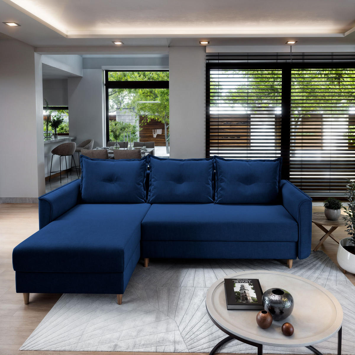 ECKSOFA PISAN R-S Blau Plüsch-Stoff mit Schlaffunktion - Blau, Holz (220/140cm) - MASSENO