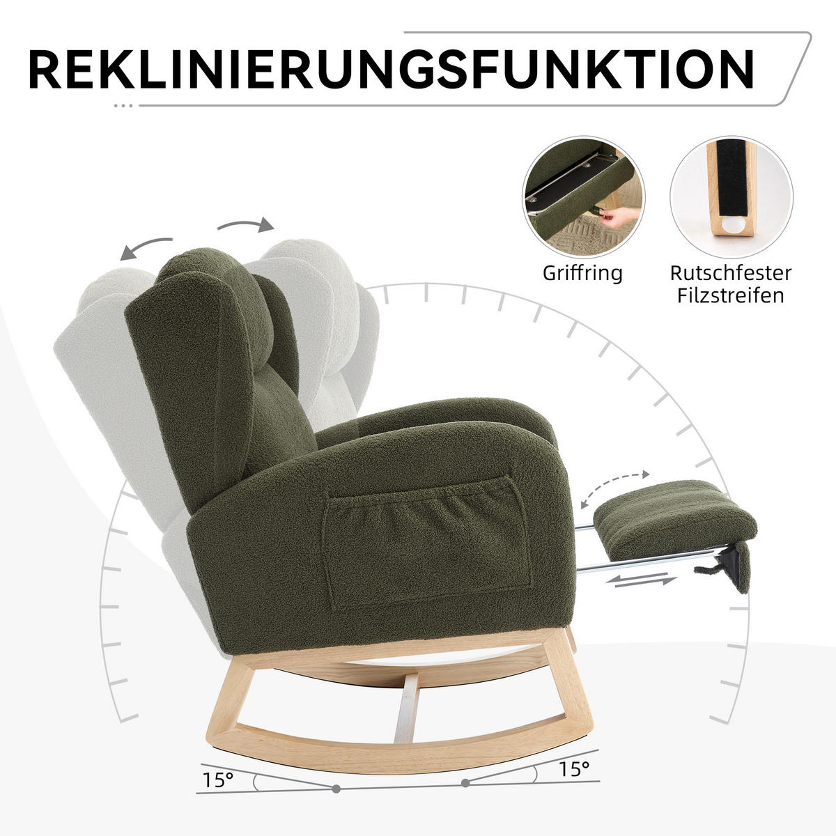 SCHAUKELSTUHL Teddy-Stoff mit Fußstütze und Taschen 122.5/70/104 cm Grün - Grün, Textil (70/104/122.5cm) - Redom