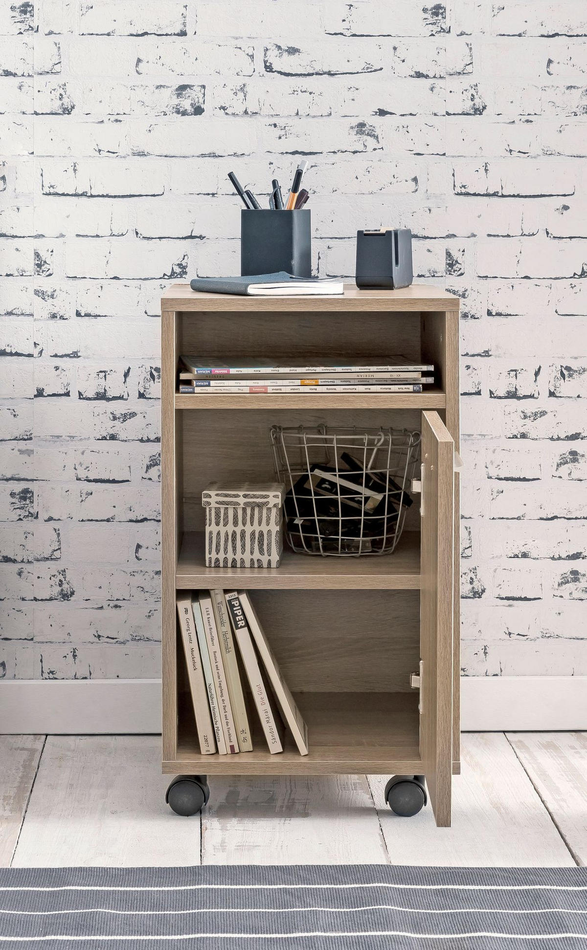 ROLLCONTAINER 2 Türfächer Ablage Rollen Mit Bremsen OSSOLA, Beige 33x38x60 cm - Beige/Schwarz, Holz/Kunststoff (33/60/38cm) - KADIMA DESIGN