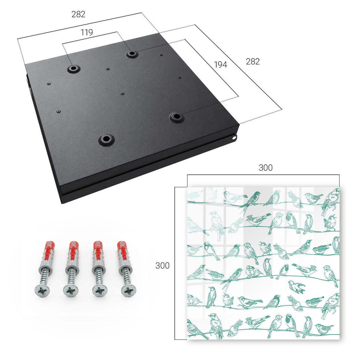 SCHLÜSSELBOX Schwarz 30x30 cm- Türöffnung nach rechts - Vögel auf den Zweigen - Weiß, Metall (30/30/5cm) - TULUP